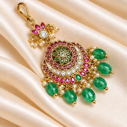 Jadau kundan Finishing Floral Design Geen Beads Chand Design Maang Tikka - Image 3