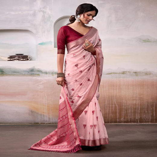 Pink Cotton Woven Saree - Image 4