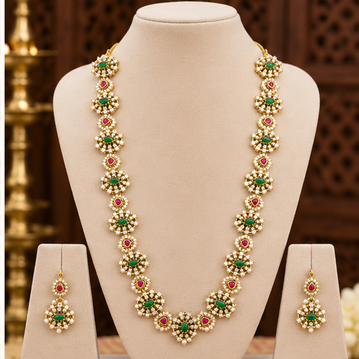 Matte finishing floral design Green-colored stones Long Necklace