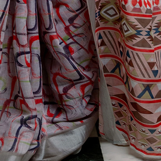 Ready To Wear Grey Linen Woven Border Printed Saree - Image 3