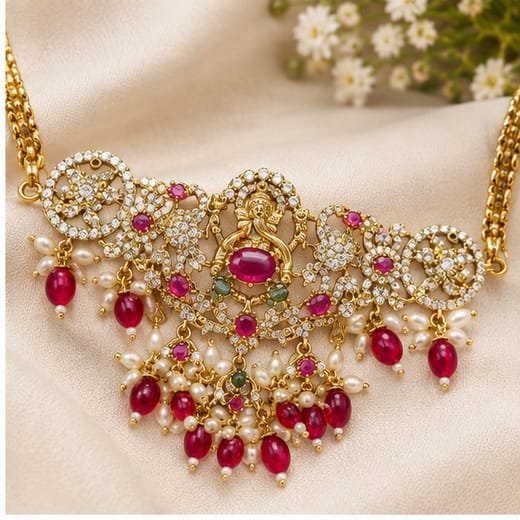Matte finishing white stones with Lord Ganesh design Red Beads (choker) Necklace - Image 2