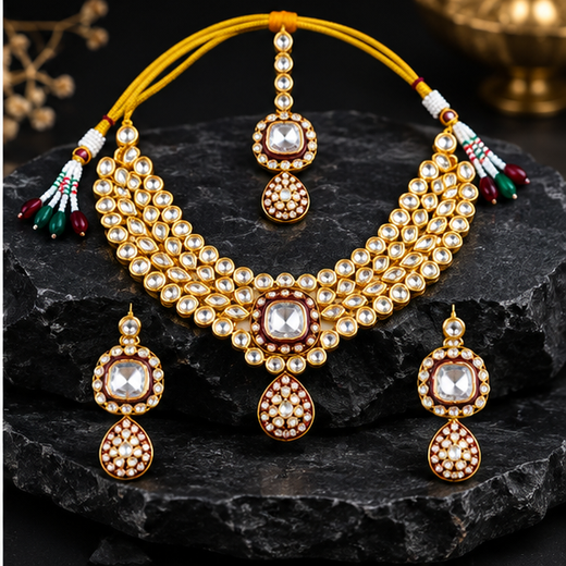Gold-toned With maroon finish Kundan Stone heavy Choker - Image 4