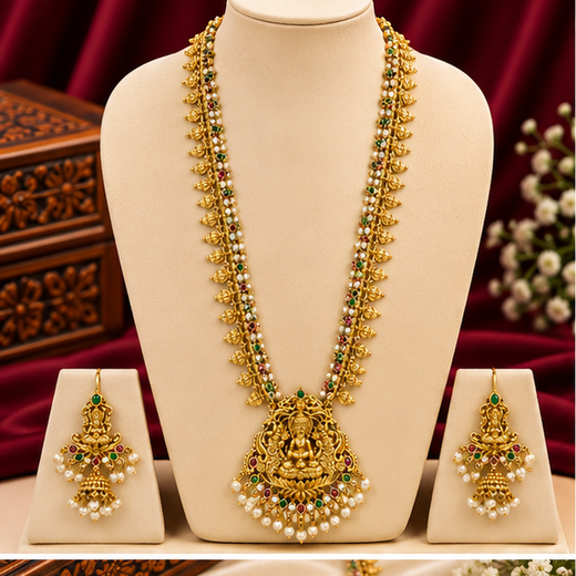 Matte finishing lord Lakshmi with white stones long Haram