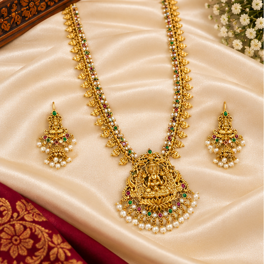Matte finishing lord Lakshmi with white stones long Haram - Image 3