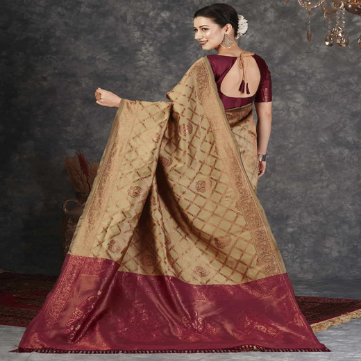 Khaki Silk Woven Banarasi Saree - Image 4
