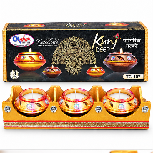 3pc Kunj Deep Mutki Decorated Diya With Decorated Wooden Tray Gift Pack (Box Size: 12.5*4.5 Inch) (TC-107) 🕯️🎁 - Image 4