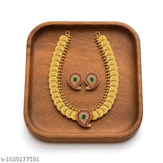Premium Gold Plated Coin Necklace Set with Mango Stone Design Earrings