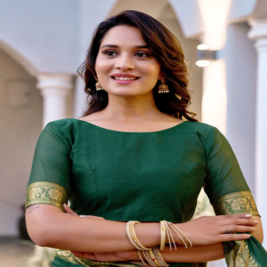 Dark Green Chanderi Woven Saree - Image 2