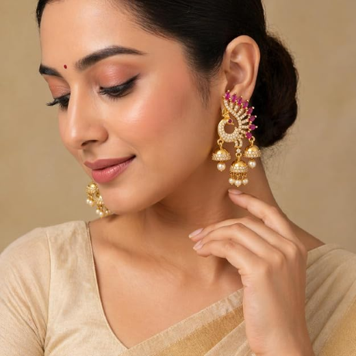 Peacock Design Earrings With Cubic Zirconia | Artificial Jewellery - Image 3