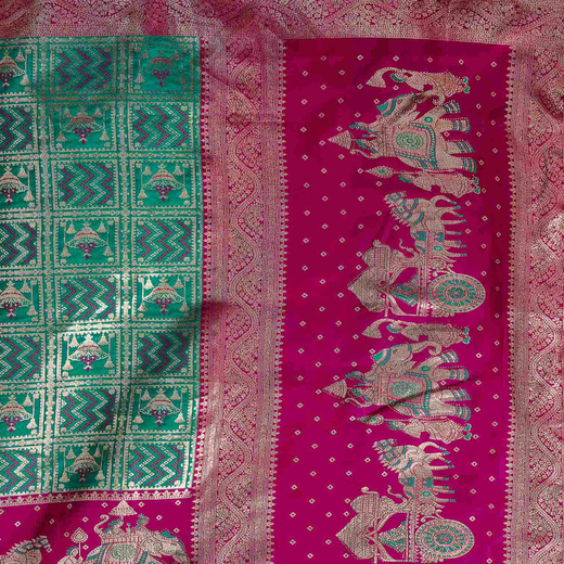 Teal Blue Silk Woven Banarasi Saree - Image 3