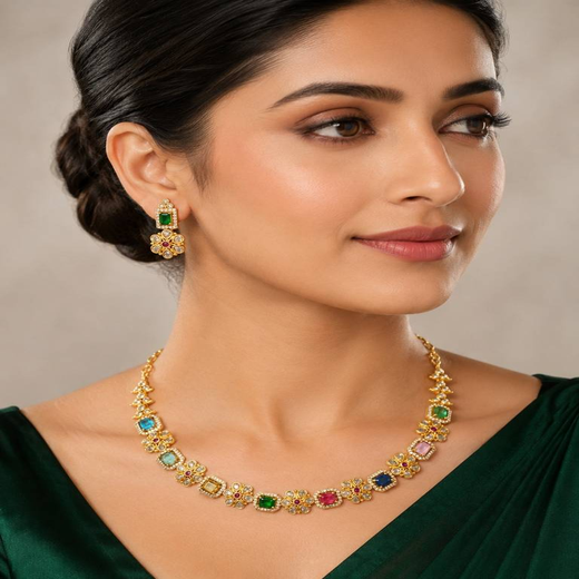 Flower design Navratna Short Necklace - Image 4