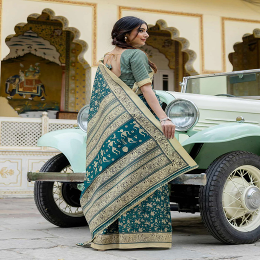 Rama Blue Khadi Warli Printed Saree - Image 4