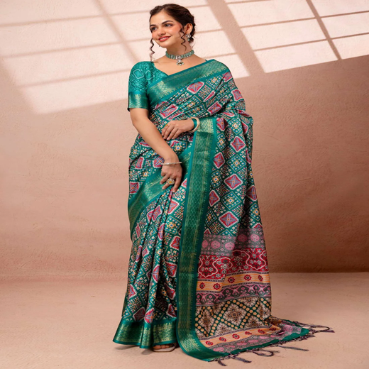 Teal Green Silk Printed Woven Border Saree