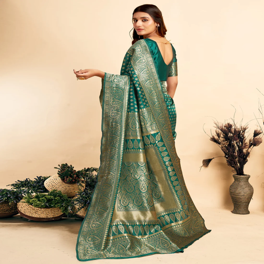 Teal Green Woven Banarasi Silk Saree - Image 4