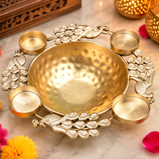 Peacock Metal Urli Bowl Without 4 Tea Light Holder🦚👌