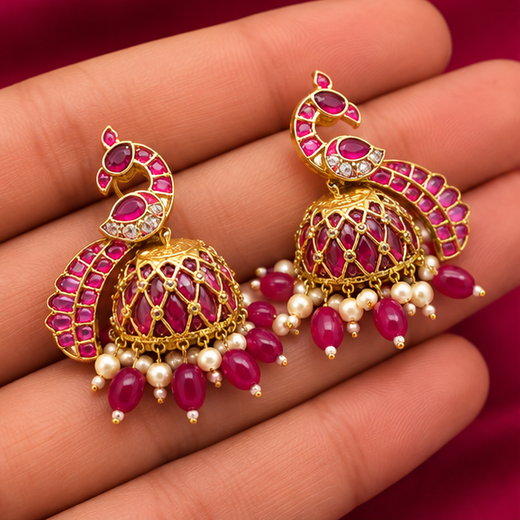 Matte Finishing Peacock-Inspired Pink Gemstones And Pearl Drops Jhumka’s - Image 3