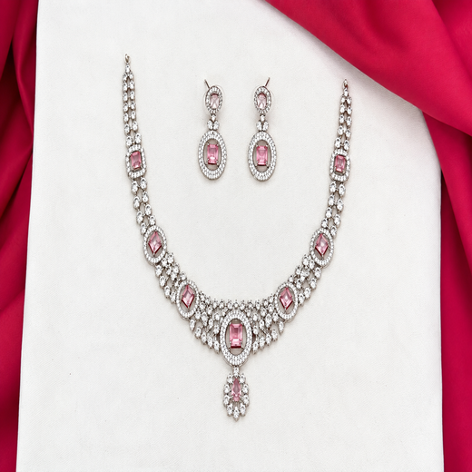 Silver Polish White & Baby-Pink AD Studded Short Necklace - Image 3