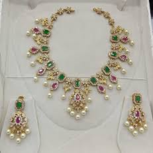 Matte finishing Multi- squared stones with white pearls Short Necklace - Image 3