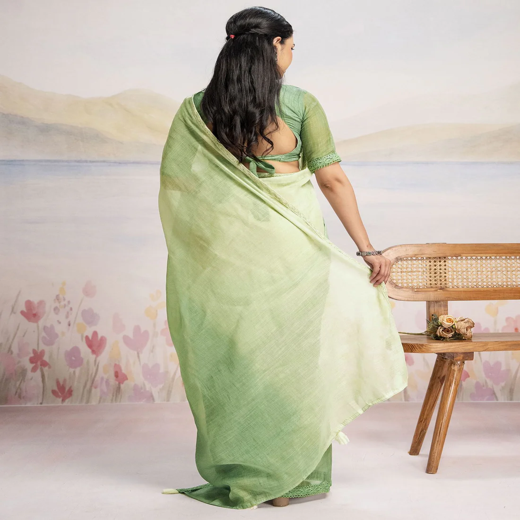 Ready To Wear Dark Pista Green Linen Ombre Lace Saree With Pocket - Image 4