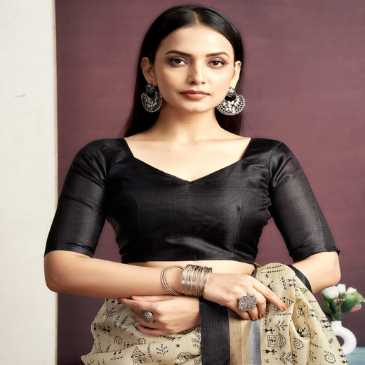 Beige Cotton Blend Printed Saree - Image 2