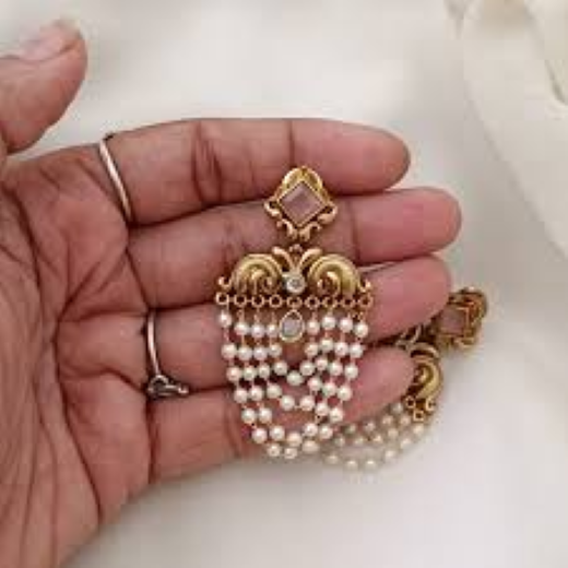 Matte Finish Pearl Drop Earrings with Baby Pink Stone | Artificial Jewellery - Image 3