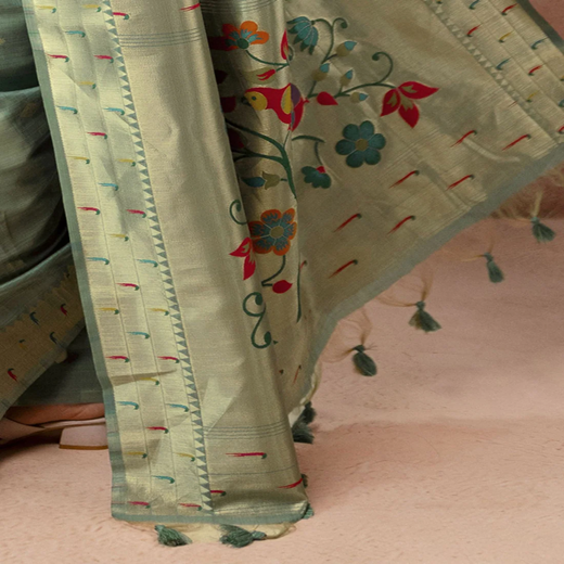 Dusty Mint Green Chanderi Cotton Woven Paithani Saree - Image 3