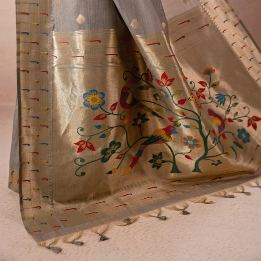 Grey Chanderi Cotton Woven Paithani Saree - Image 3
