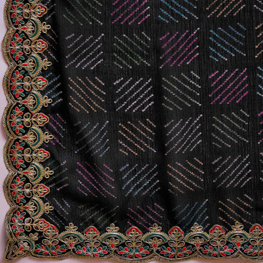 Black Chiffon Bandhani Printed Embroidery Saree - Image 3