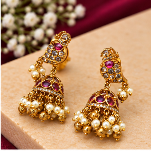 Matte Finish American Diamond Stones And Pearls Bird Design Jhumka Earrings - Image 2