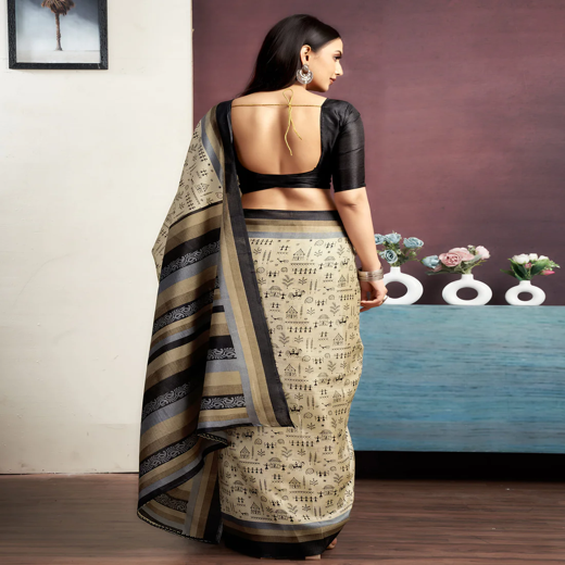 Beige Cotton Blend Printed Saree - Image 4