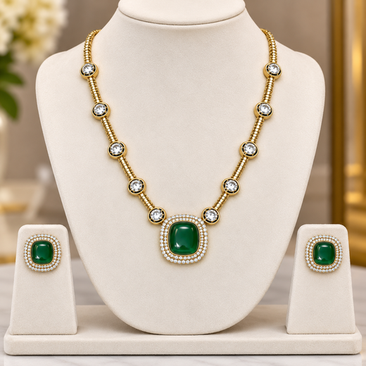 Victorian finishing with American Diamond with Green Stone Short Necklace