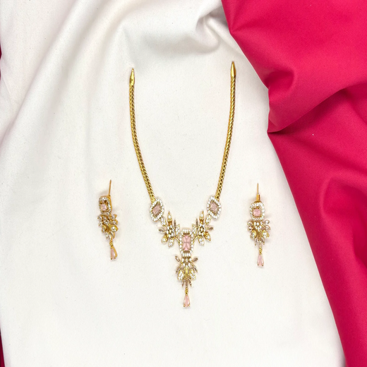 American Diamond Zirconia Pink Studded Floral Short Necklace - Image 2
