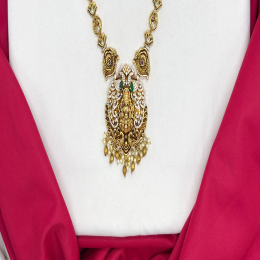 Matte finishing Goddess Lakshmi pendant, green stones, and pearl drops Short Necklace - Image 4