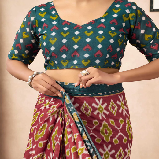 Ready To Wear Red Cotton Ikkat Printed Saree - Image 2