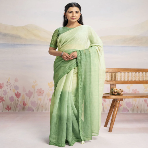 Ready To Wear Dark Pista Green Linen Ombre Lace Saree With Pocket