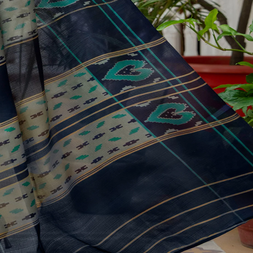 Navy Blue Khadi Ikkat Printed Saree - Image 3