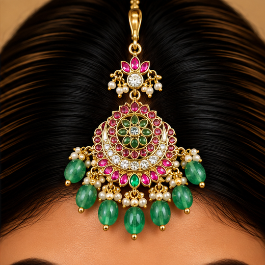 Jadau kundan Finishing Floral Design Geen Beads Chand Design Maang Tikka - Image 4