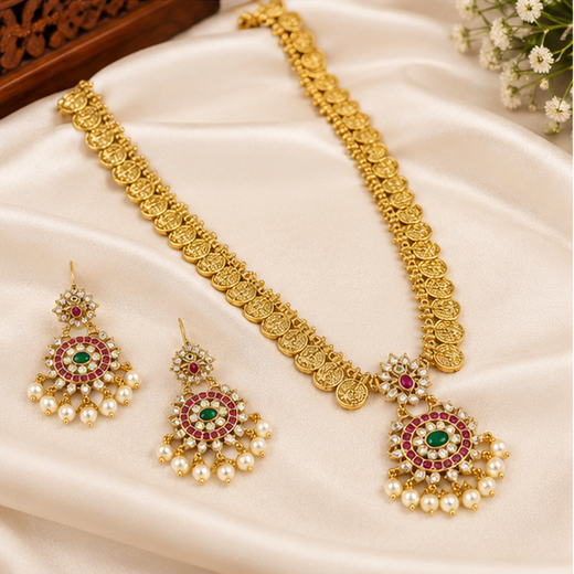 Matte Finishing with lord Lakshmi designed Long Haram - Image 3