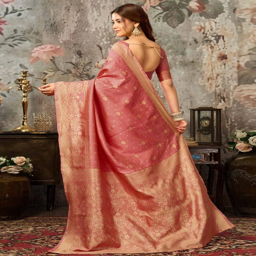 Dark Coral Pink Silk Woven Banarasi Saree - Image 4