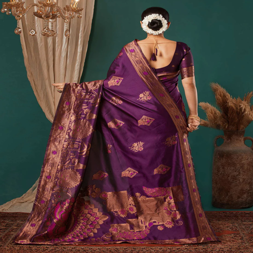 Wine Silk Woven Banarasi Saree - Image 4