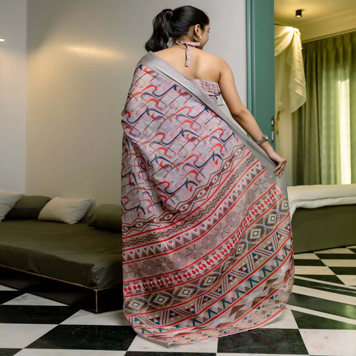 Ready To Wear Grey Linen Woven Border Printed Saree - Image 4