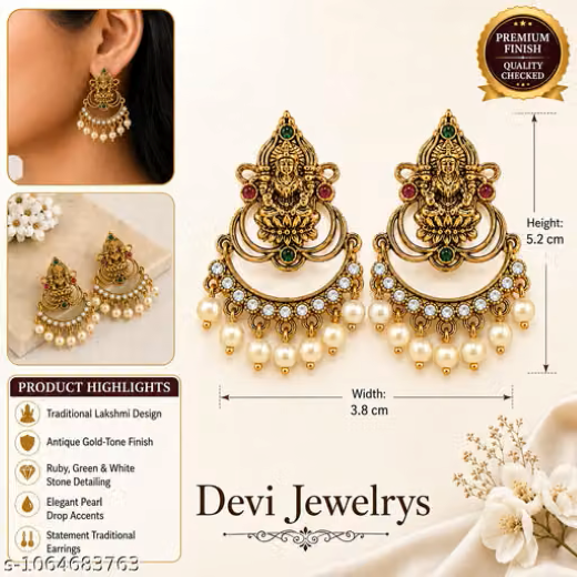 Matte Finishing Lord Lakshmi Beautifully Added White Pearls Earring - Image 4