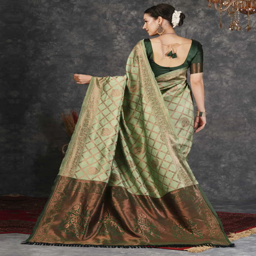 Pista Green Silk Woven Banarasi Saree - Image 4