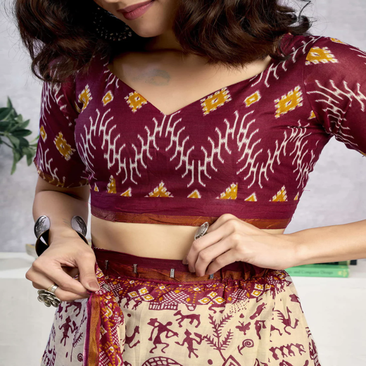 Ready To Wear Light Beige Cotton Warli Printed Saree - Image 2