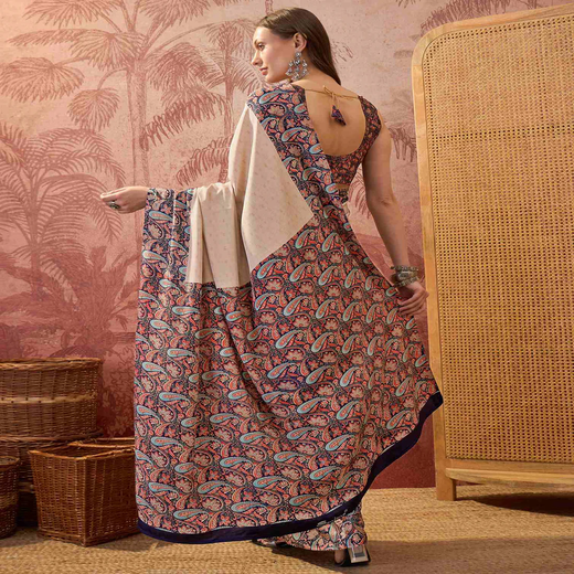 Beige Crepe Silk Printed Saree - Image 4