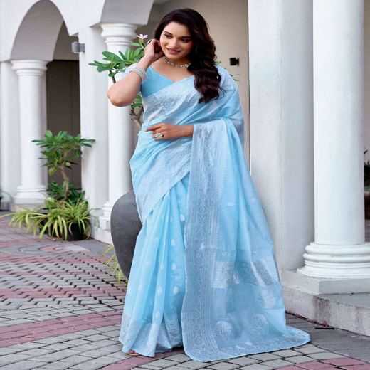 Light Blue Chanderi Woven Saree