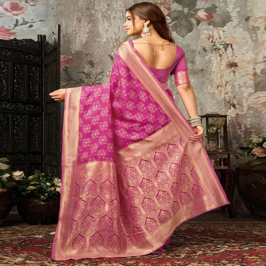Pink Silk Woven Banarasi Saree - Image 4