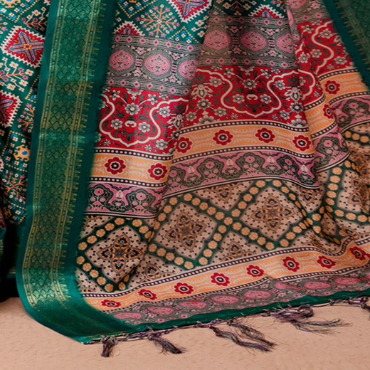Teal Green Silk Printed Woven Border Saree - Image 3