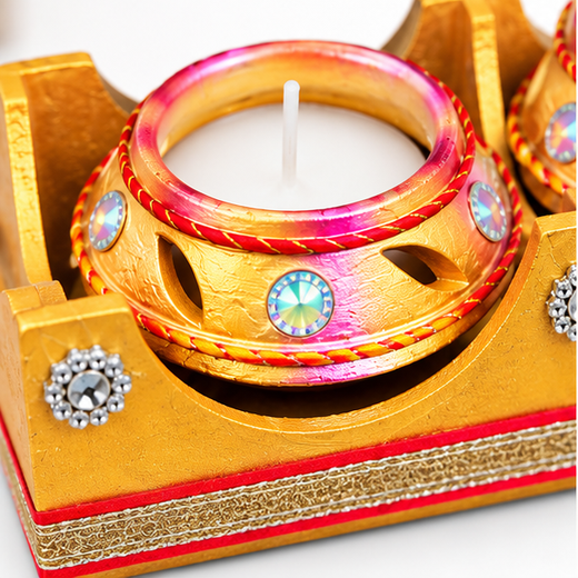 3pc Kunj Deep Mutki Decorated Diya With Decorated Wooden Tray Gift Pack (Box Size: 12.5*4.5 Inch) (TC-107) 🕯️🎁 - Image 2