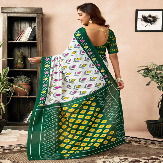 Ready To Wear Off White Cotton Ikkat Printed Saree - Image 4